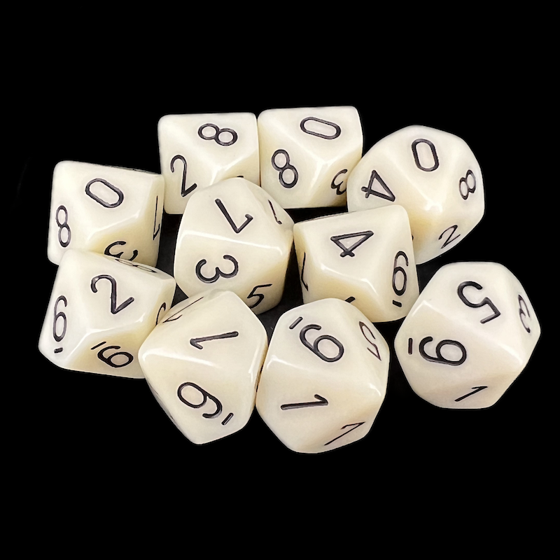 Chessex Opaque Ivory & Black 10 x D10 Dice Set