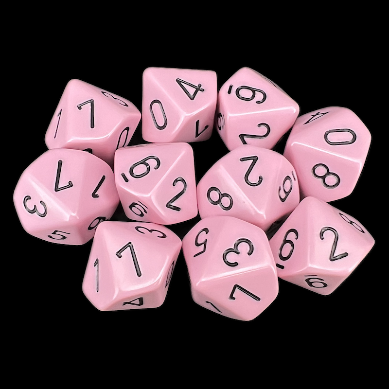 Chessex Opaque Pastel Pink &amp; Black 10 x D10 Dice Set