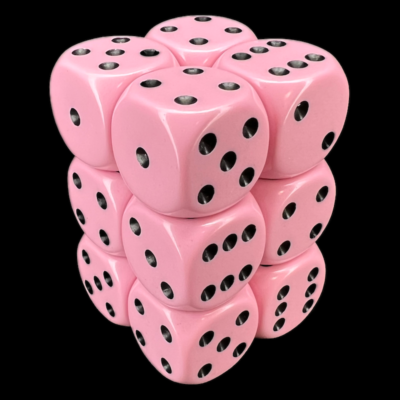Chessex Opaque Pastel Pink & Black 12 x D6 Dice Set