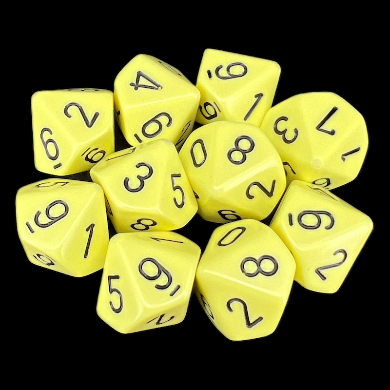 Chessex Opaque Pastel Yellow &amp; Black 10 x D10 Dice Set