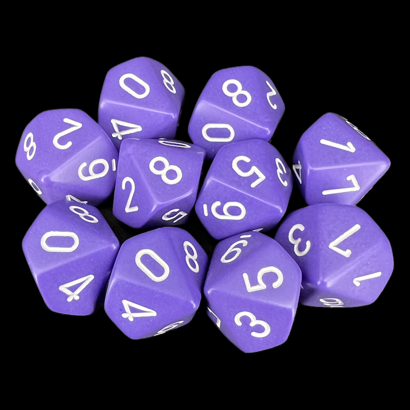 Chessex Opaque Purple & White 10 x D10 Dice Set