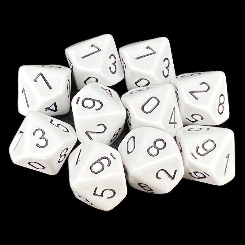 Chessex Opaque White & Black 10 x D10 Dice Set