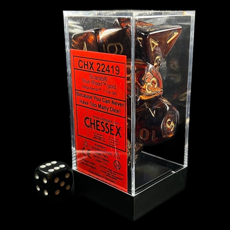 Chessex Scarab Blue Blood & Gold MEGA-HEDRAL Jumbo 7 Dice Polyset