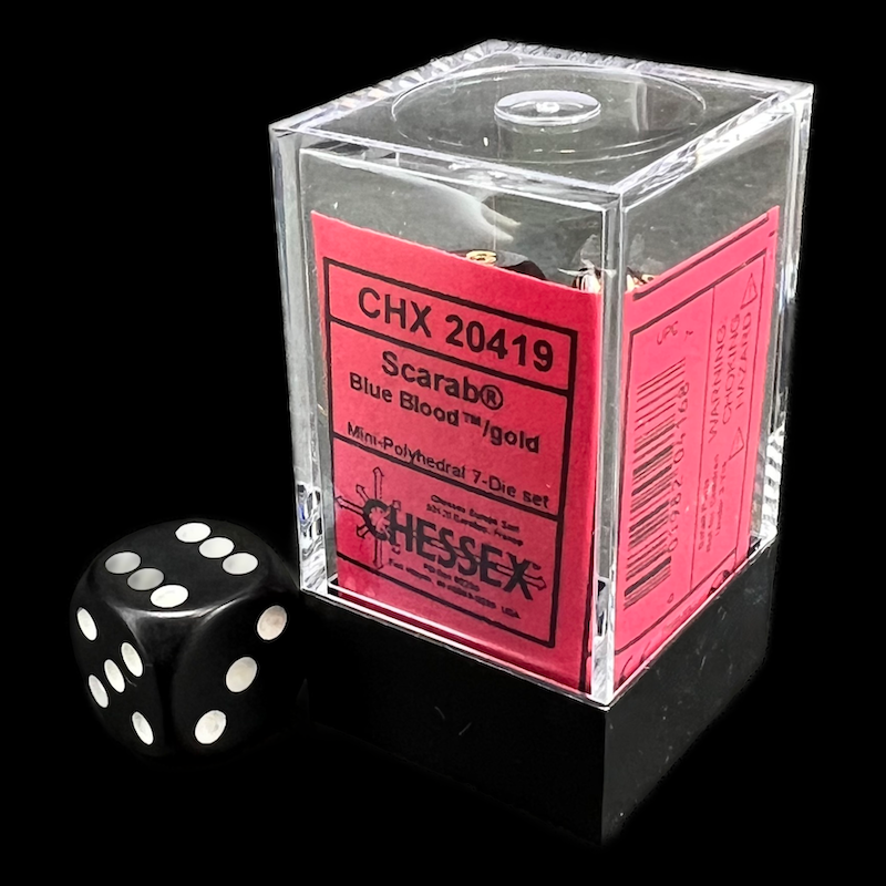 Chessex Scarab Blue Blood & Gold MINI-HEDRAL 7 Dice Polyset with Dice Cube