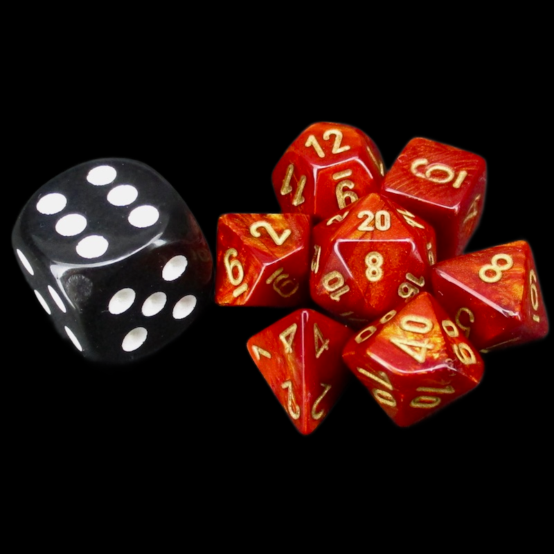 Chessex Scarab Scarlet & Gold MINI-HEDRAL 7 Dice Polyset with Dice Cube