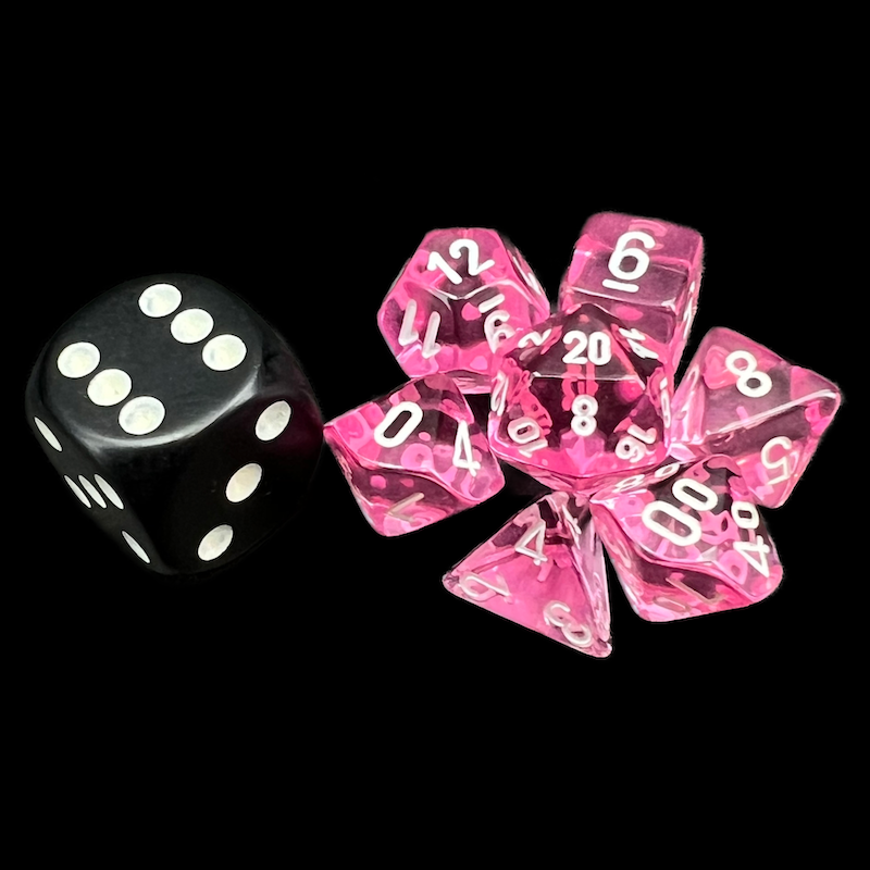 Chessex Translucent Pink & White MINI-HEDRAL 7 Dice Polyset with Dice Cube