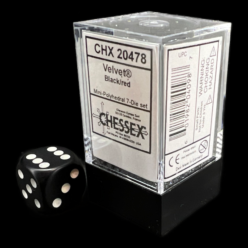 Chessex Velvet Black & Red MINI-HEDRAL 7 Dice Polyset with Dice Cube