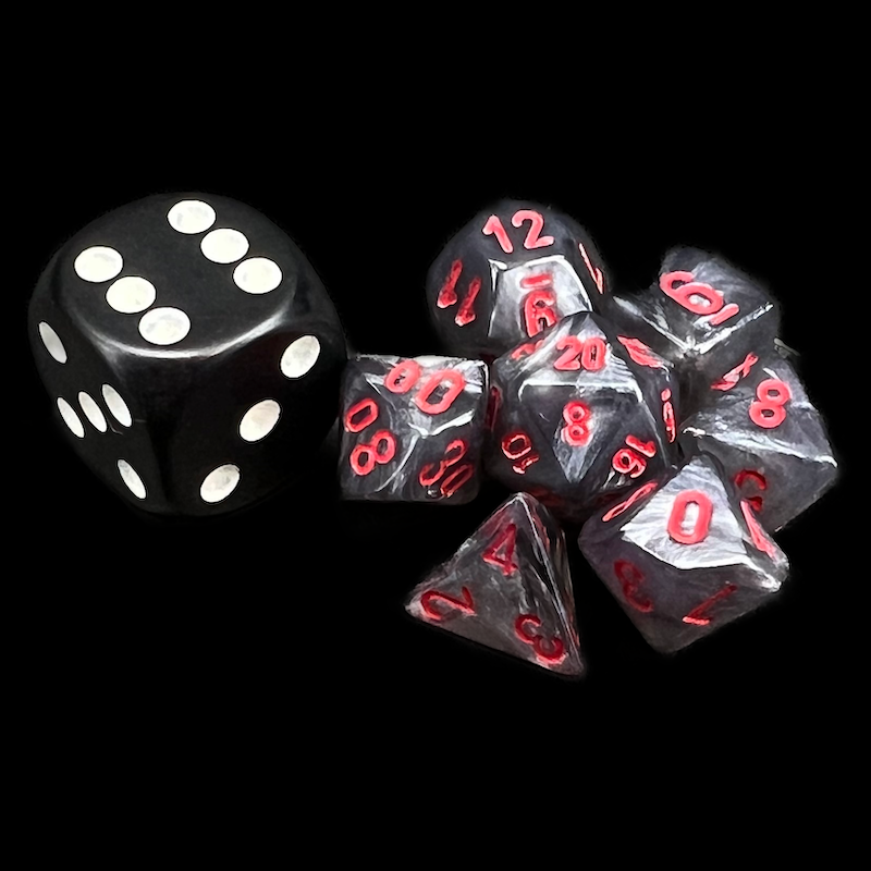 Chessex Velvet Black & Red MINI-HEDRAL 7 Dice Polyset with Dice Cube