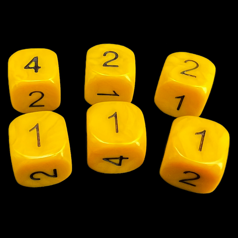 HALF PRICE CLEARANCE D&G Opaque Yellow & Black Numbered 1, 1, 1, 2, 2, 4 - 6 x D6 Dice Set