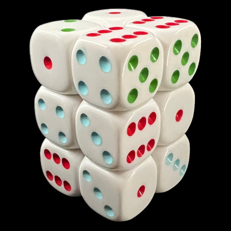 CLEARANCE D&G Opaque White & Rainbow Multi Colour 12 x D6 Dice Set OOP