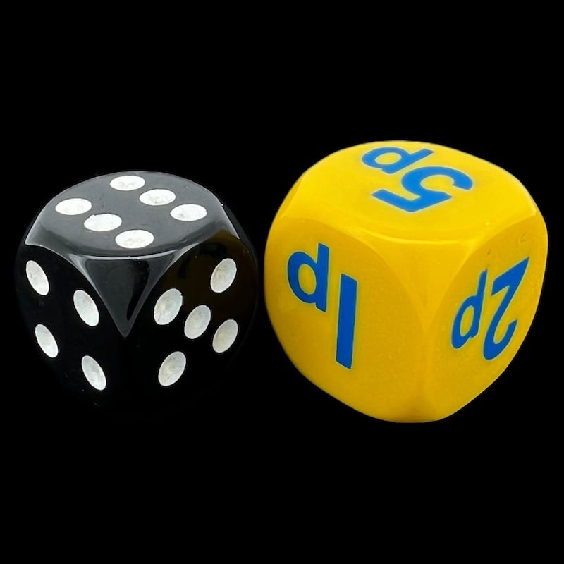 HALF PRICE CLEARANCE D&G Opaque Yellow British Coin (10p 5p 2p 1p) 18mm D6 Dice OOP