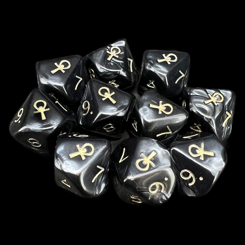 D&G Pearl Black & Gold Ankh 10 x D10 Dice Set
