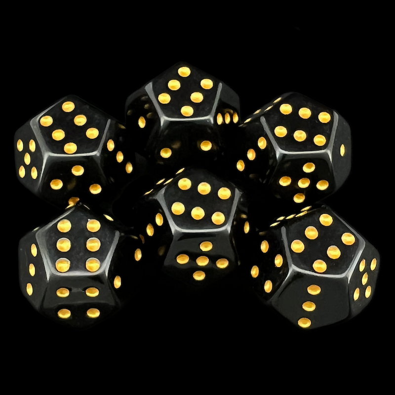 DodecaDice Double D6 Opaque Black & Gold 12 Sided 6 x D6 Dice Set