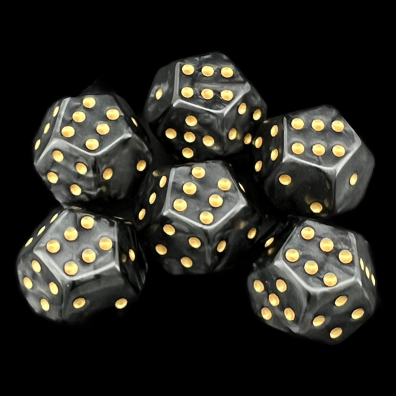 DodecaDice Double D6 Pearl Black & Gold 12 Sided 6 x D6 Dice Set