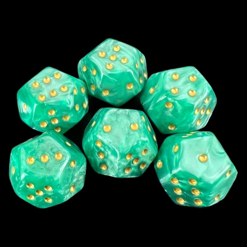 DodecaDice Double D6 Pearl Green & Gold 12 Sided 6 x D6 Dice Set