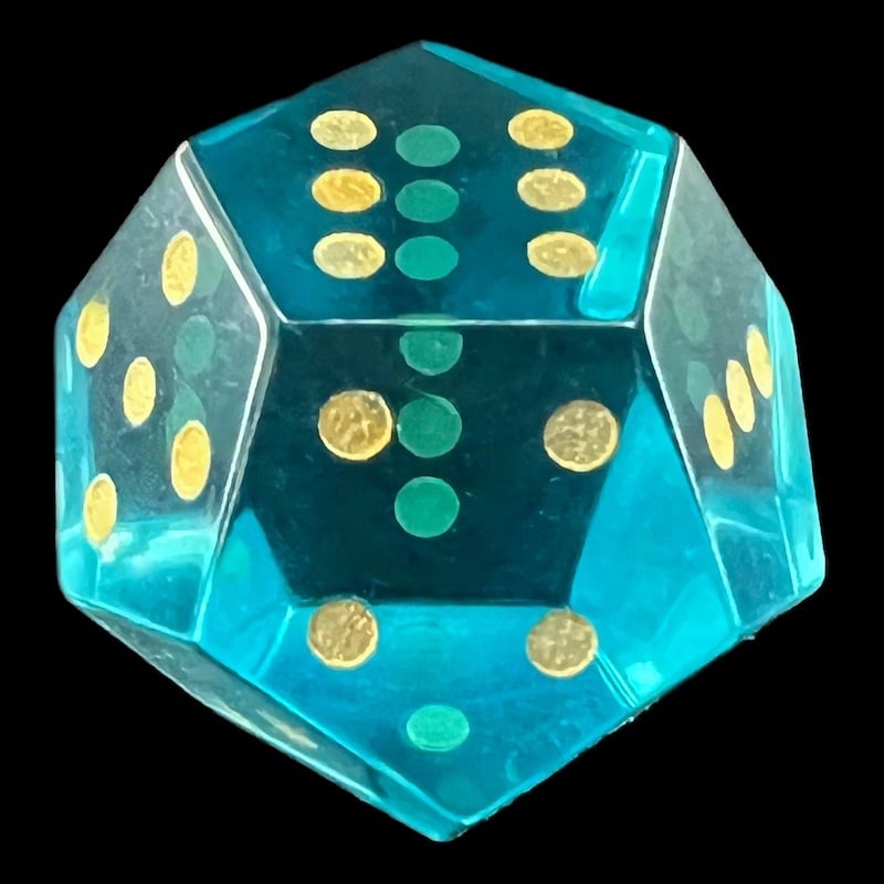 DodecaDice Zircon Glass Blue Topaz & Gold Double D6 12 Sided Spot D6 Dice