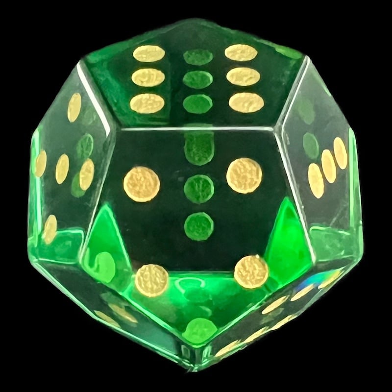 DodecaDice Zircon Glass Light Emerald & Gold Double D6 12 Sided Spot D6 Dice