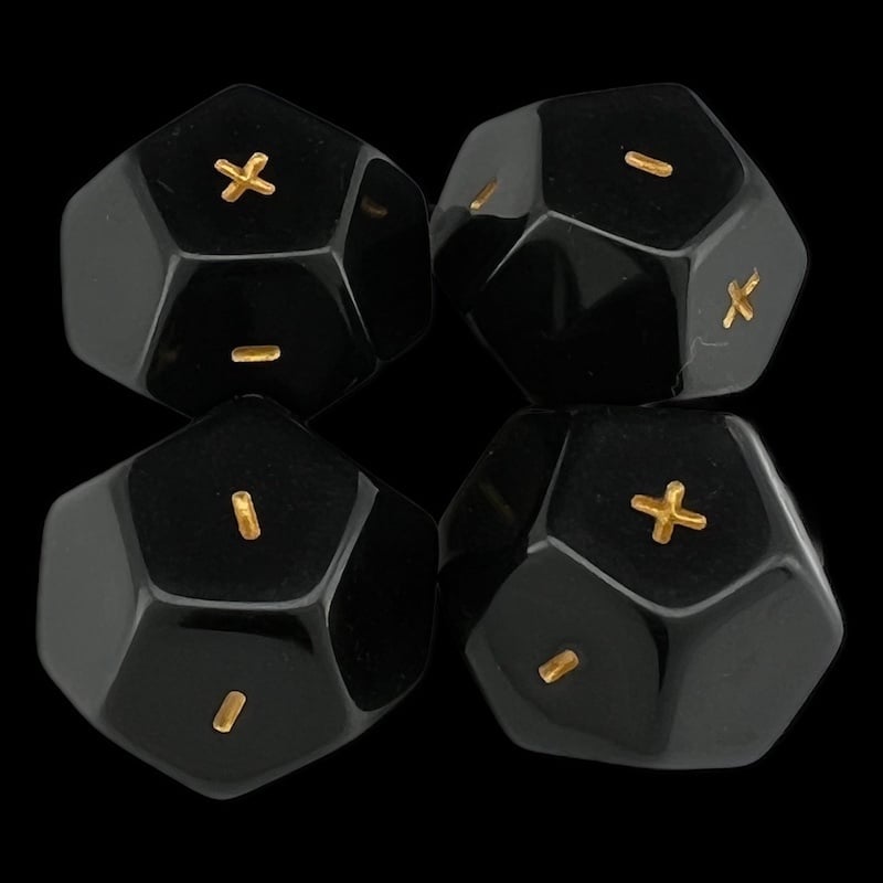 DodecaDice Double Fate/Fudge Black & Gold 12 Sided Dice Set (4)