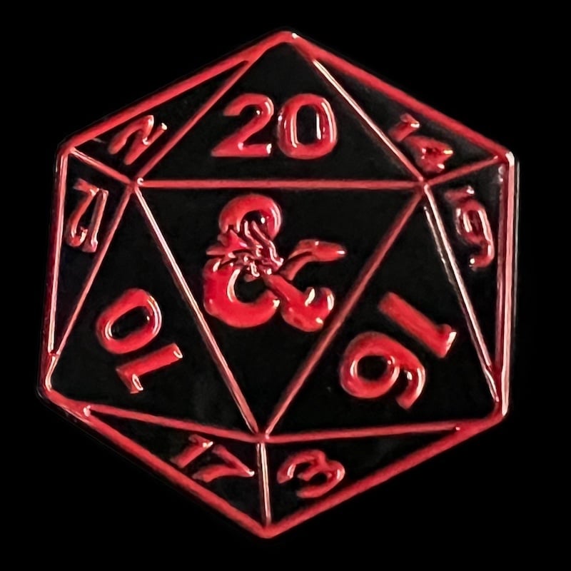 Gaming Pin Badge Black & Red D20 LARGE
