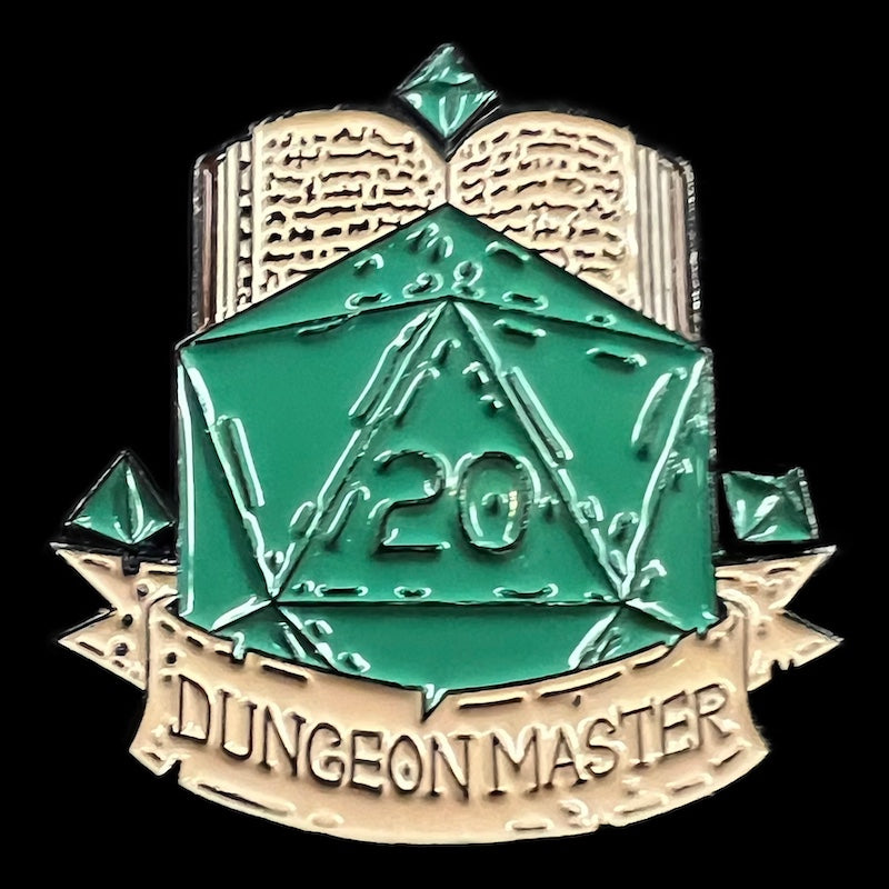 Gaming Pin Badge 'Dungeon Master' Green D20 Book