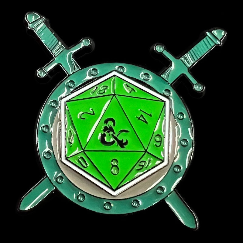 Gaming Pin Badge Green D20 Sword & Shield