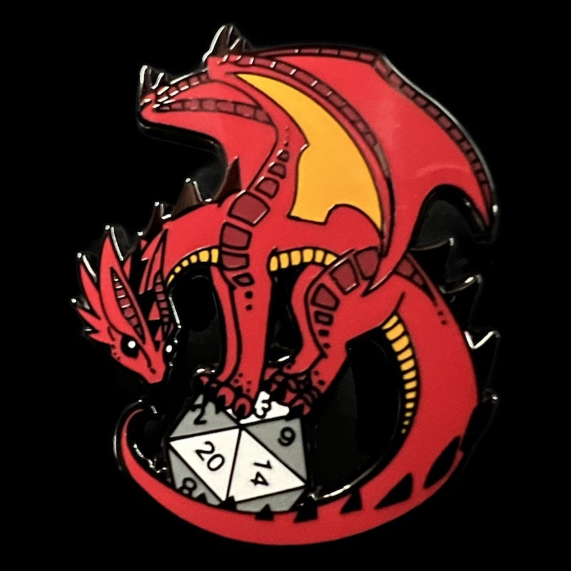 Gaming Pin Badge Red Dragon D20 LARGE
