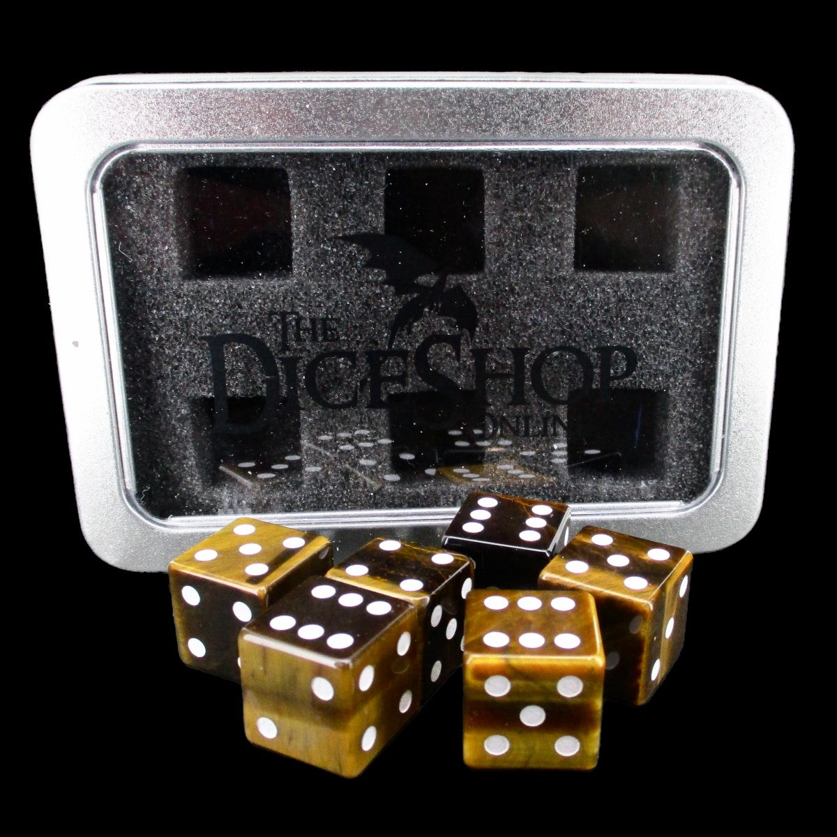 TDSO Gemstone Tiger Eye Gold & White 6 x D6 Spot Dice Set