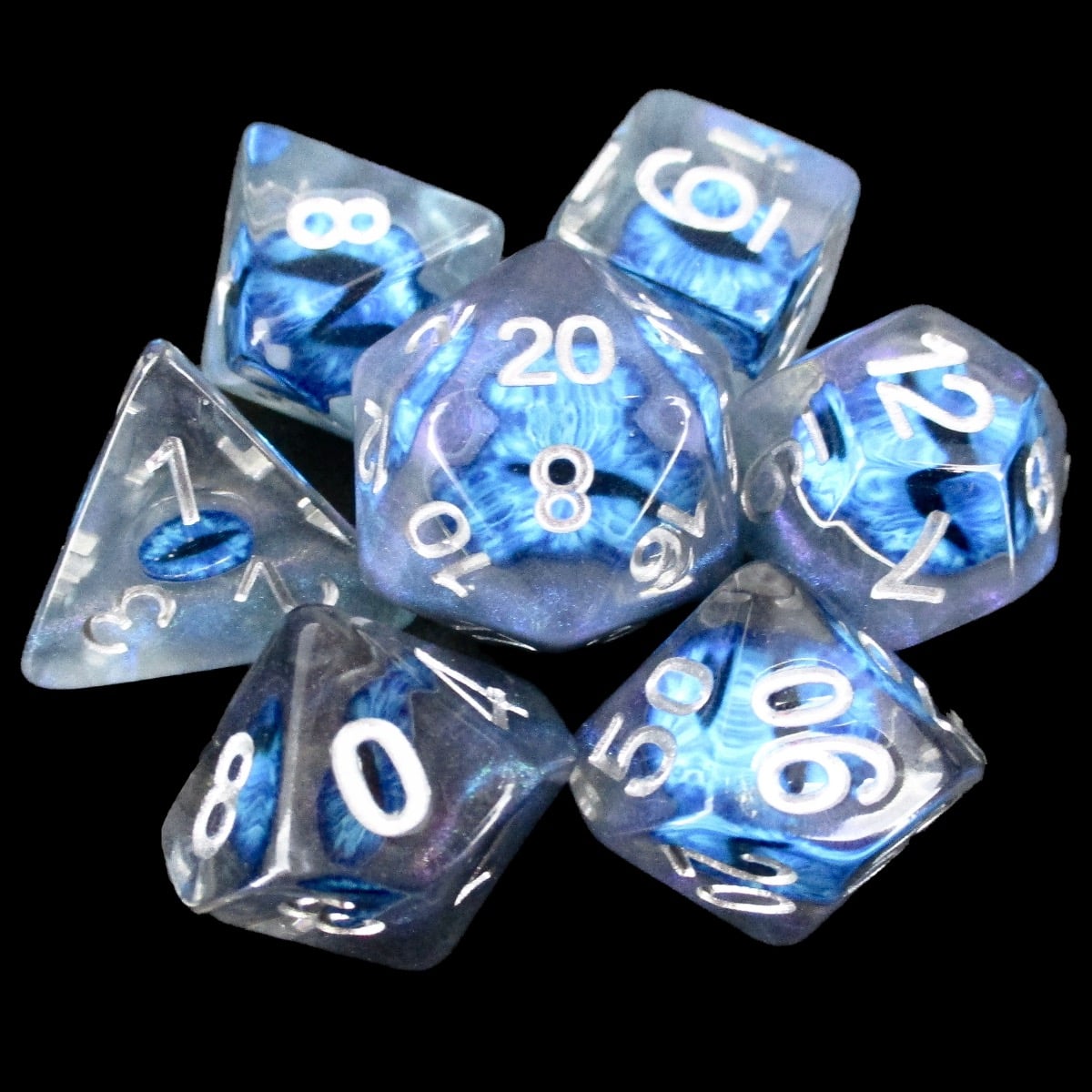 TDSO Encased Demon Eye Blue Dice 7 Dice Polyset