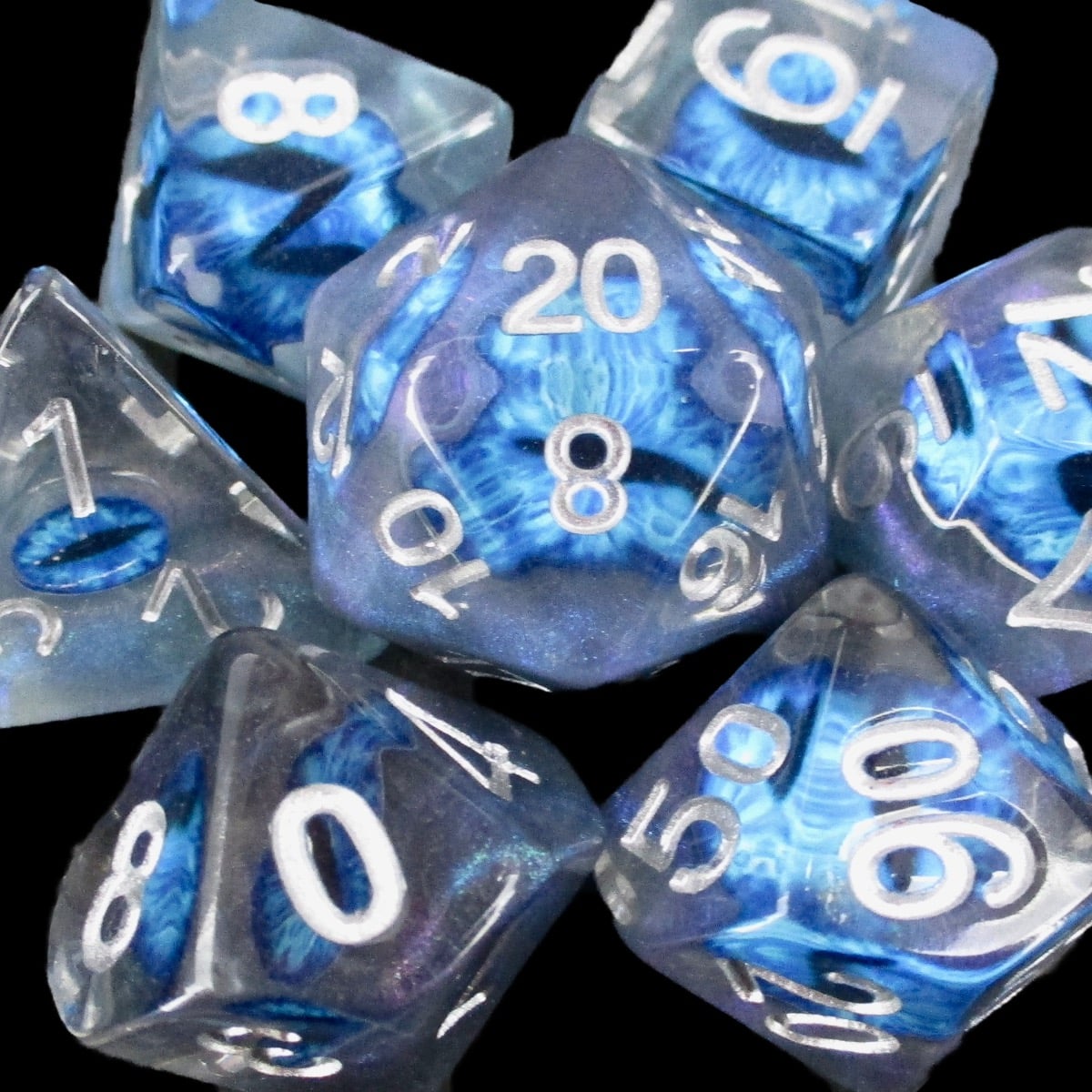TDSO Encased Demon Eye Blue Dice 7 Dice Polyset