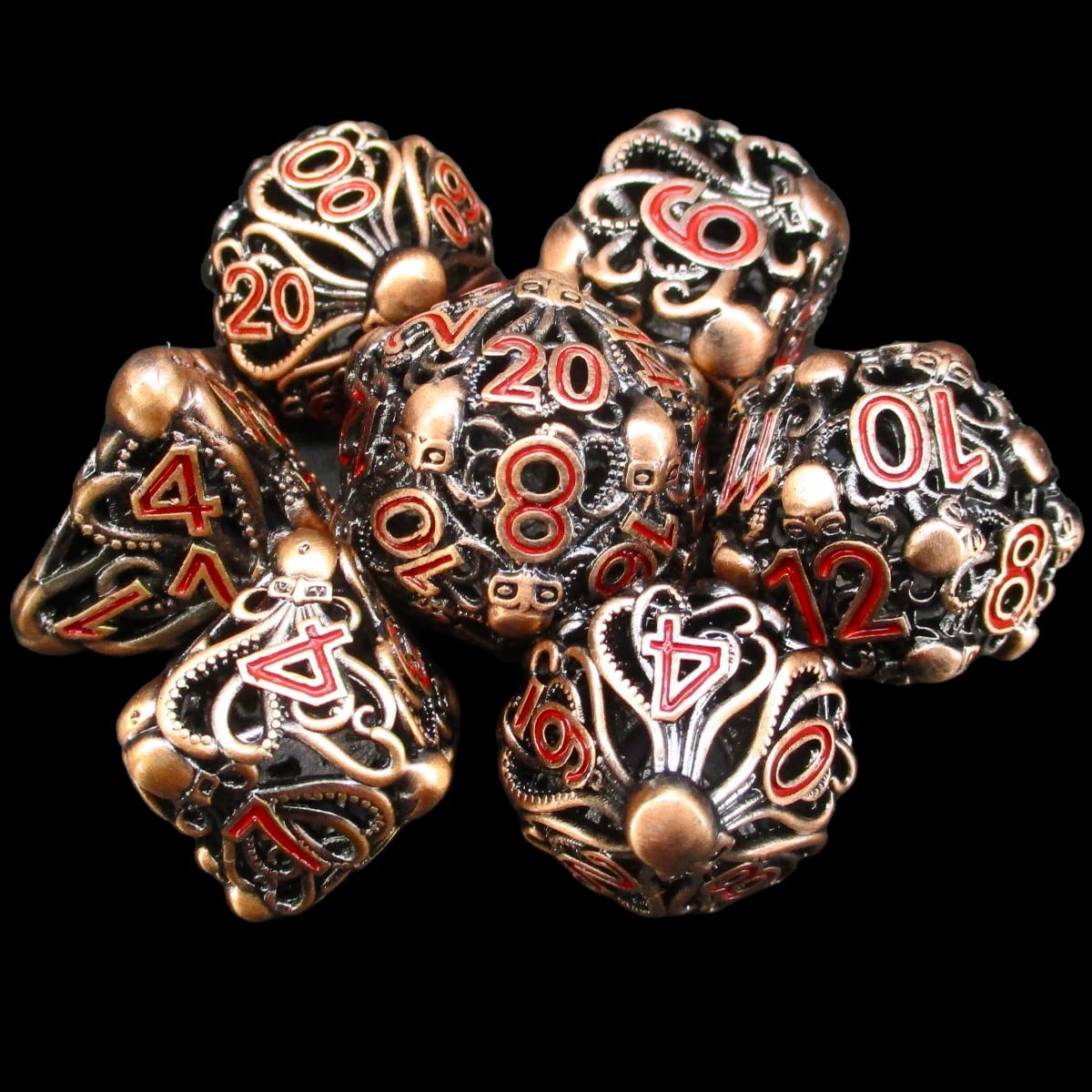 CLEARANCE TDSO Metal Hollow Cephalopod Copper & Red 7 Dice Polyset In Tin