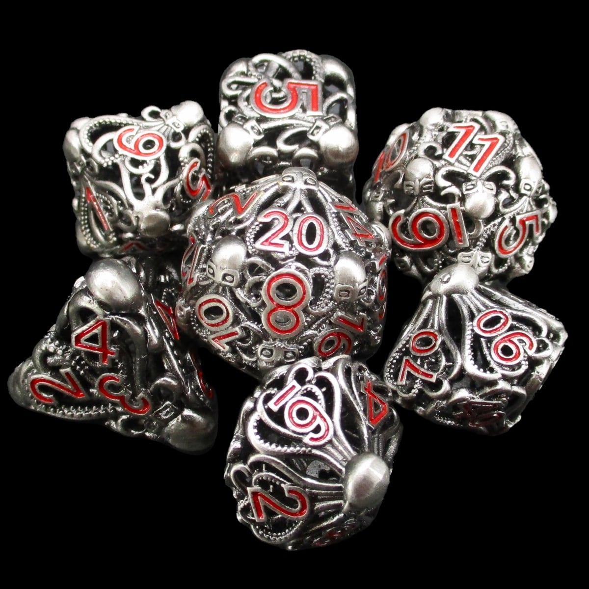 CLEARANCE TDSO Metal Hollow Cephalopod Steel & Red 7 Dice Polyset In Tin