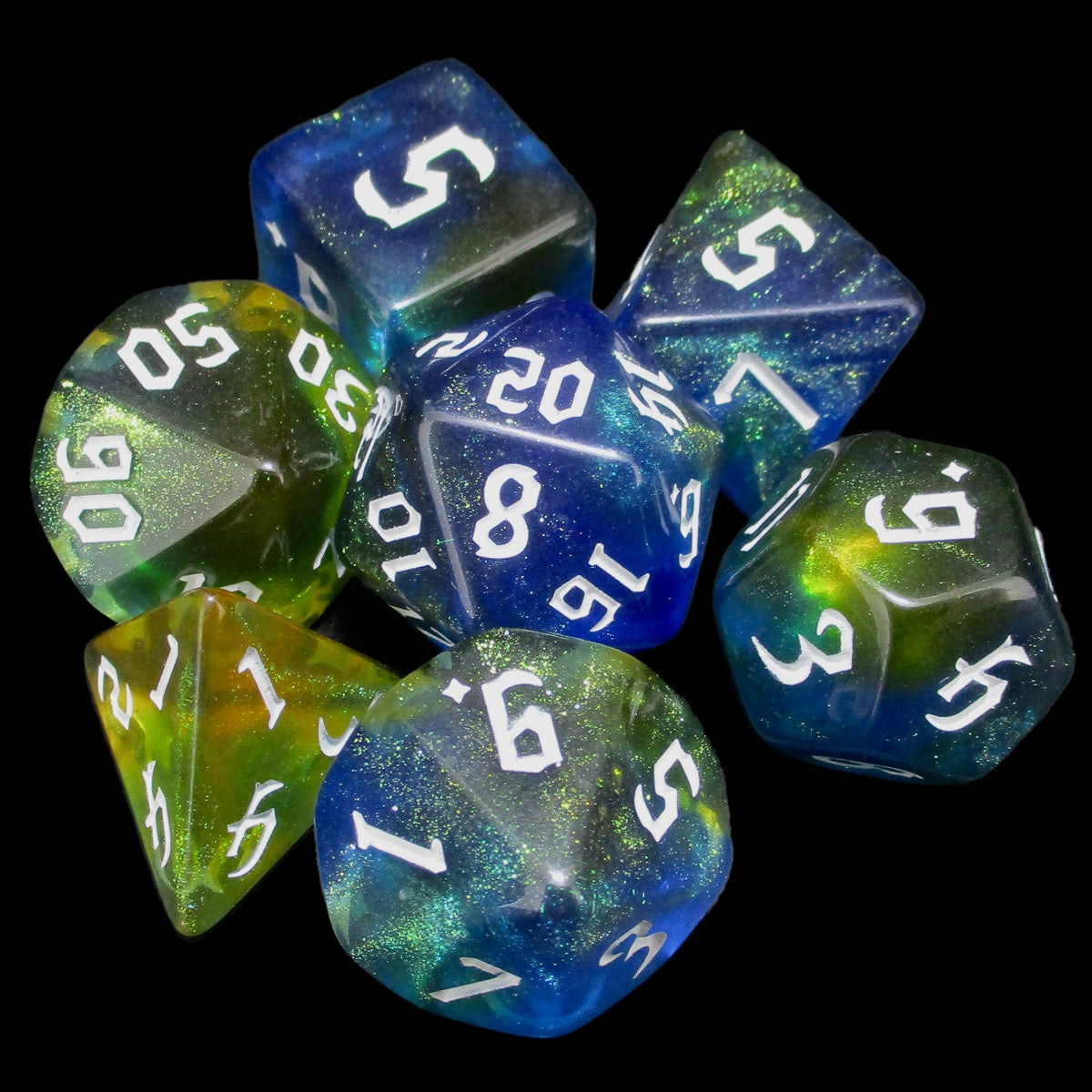TDSO Aurora Script Sapphire Treasure 7 Dice Polyset