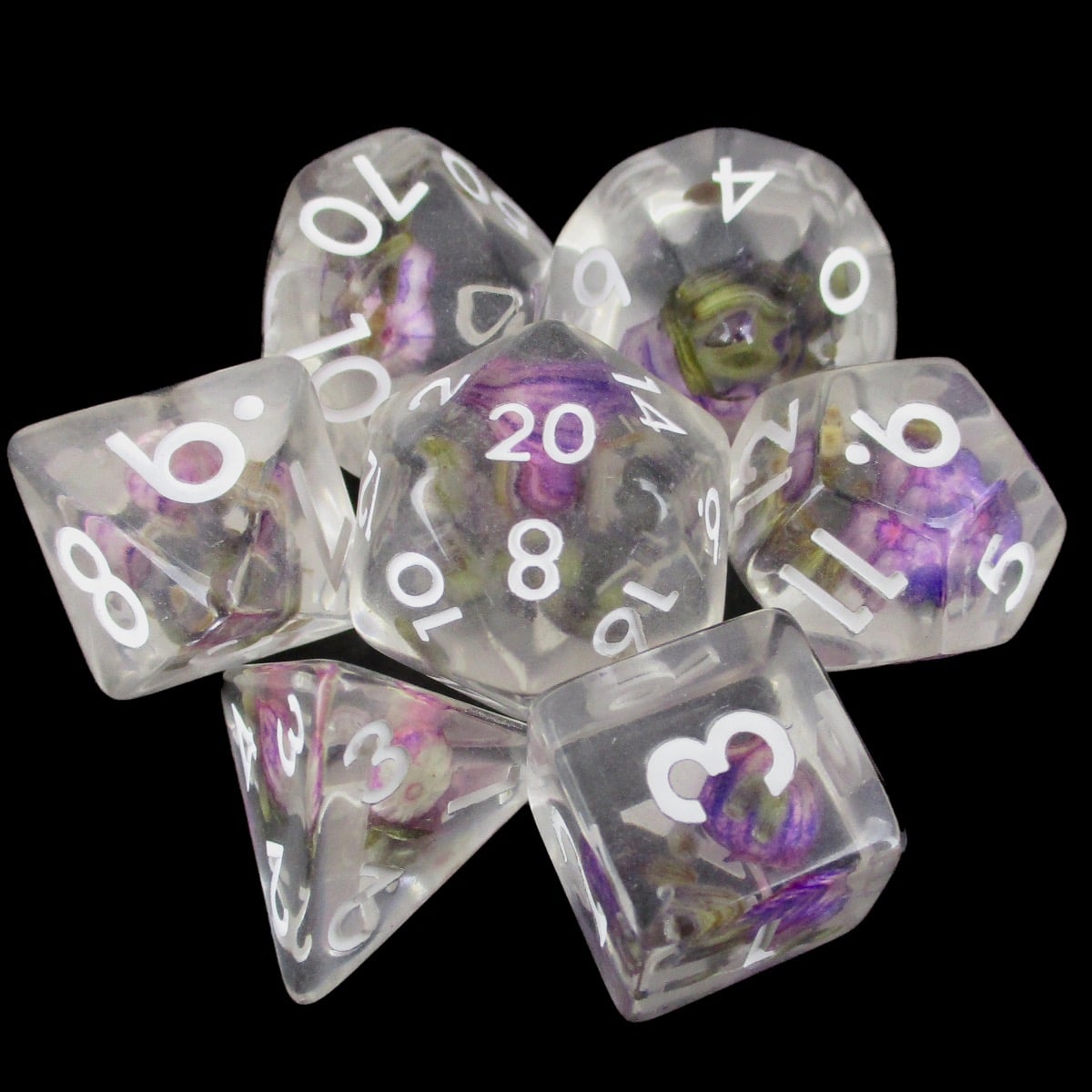 TDSO Encapsulated Flower Violet & White 7 Dice Polyset
