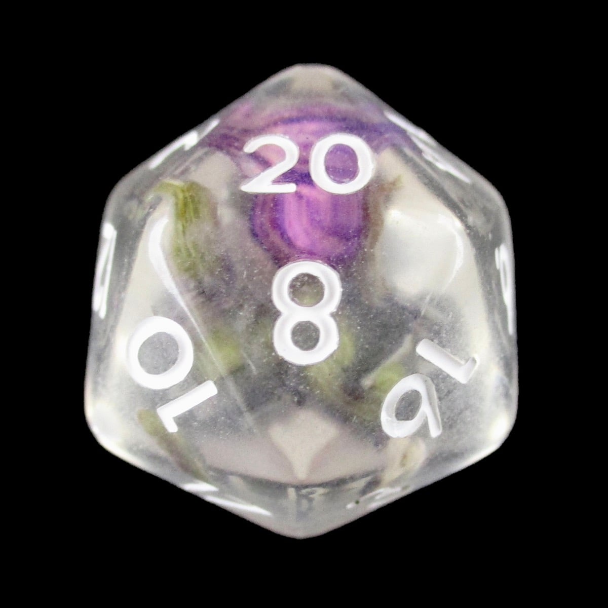 TDSO Encapsulated Flower Violet & White D20 Dice