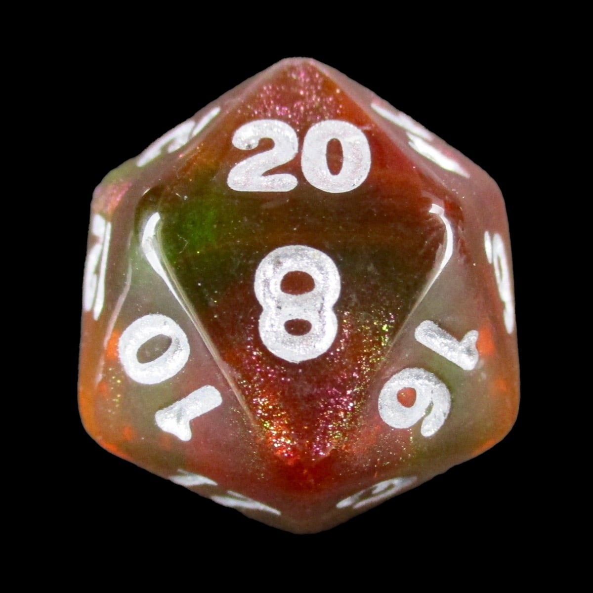 HALF PRICE CLEARANCE TDSO Phoenix Multi Glitter Green Orange & Red D20 Dice