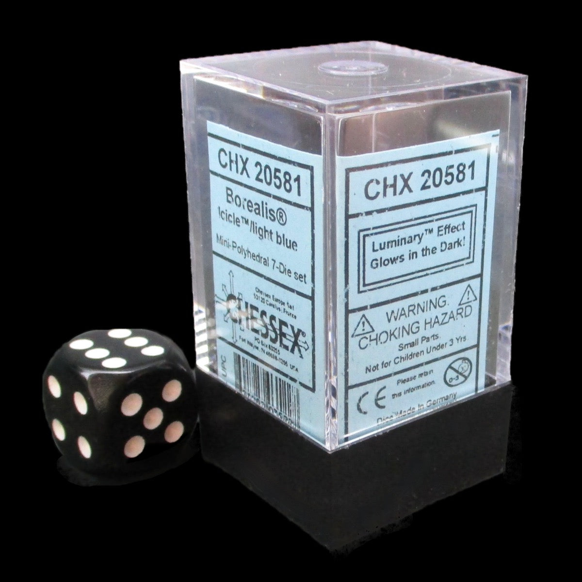 Chessex Borealis Icicle & Light Blue Luminary MINI-HEDRAL 7 Dice Polyset with Dice Cube
