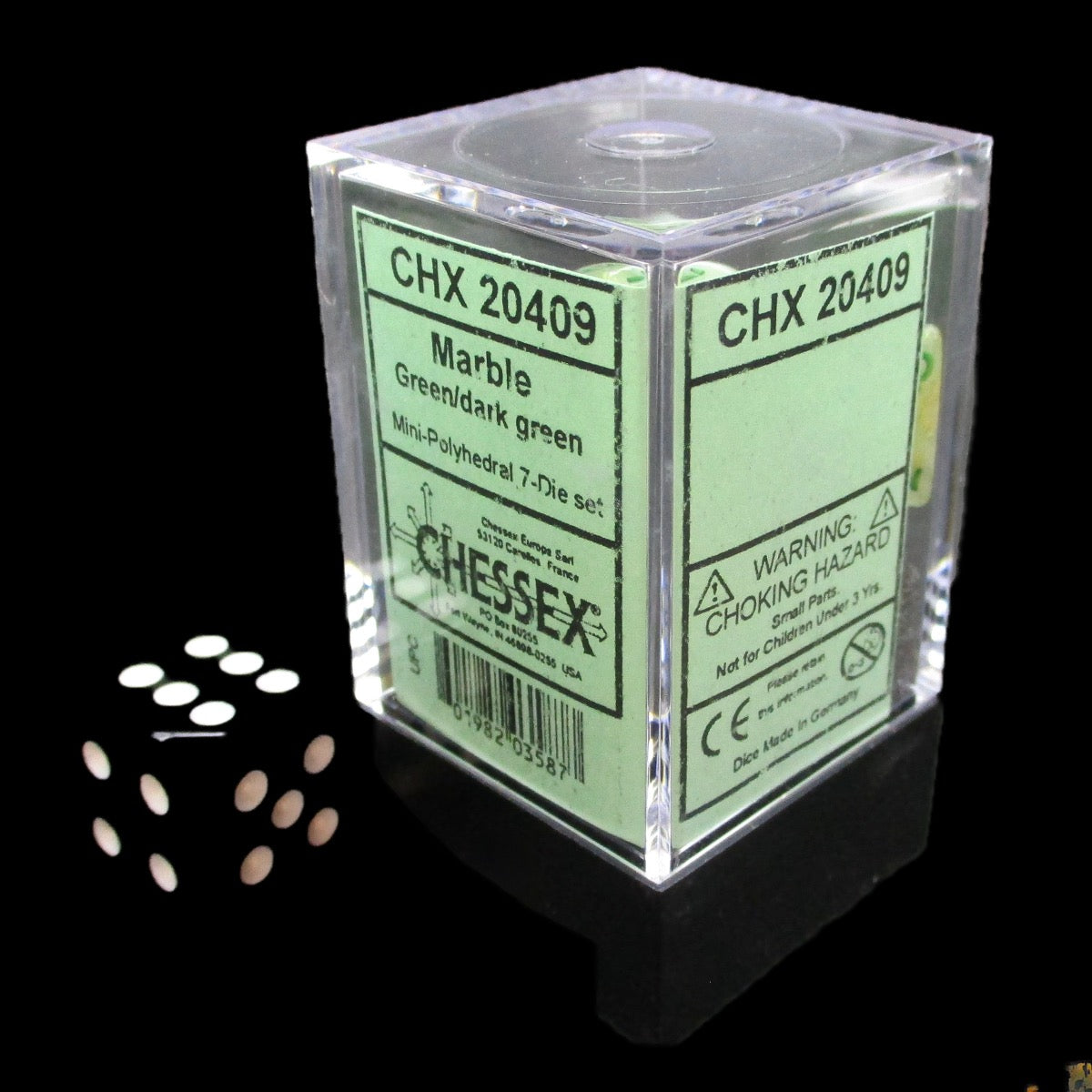 Chessex Marble Green & Dark Green MINI-HEDRAL 7 Dice Polyset with Dice Cube