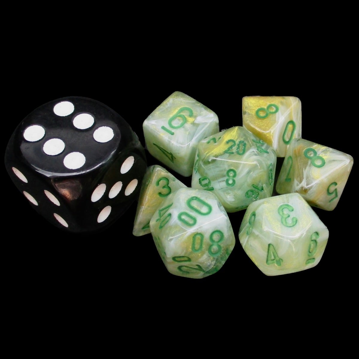 Chessex Marble Green & Dark Green MINI-HEDRAL 7 Dice Polyset with Dice Cube
