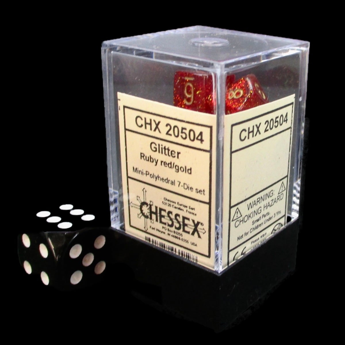 Chessex Glitter Ruby & Gold MINI-HEDRAL 7 Dice Polyset with Dice Cube