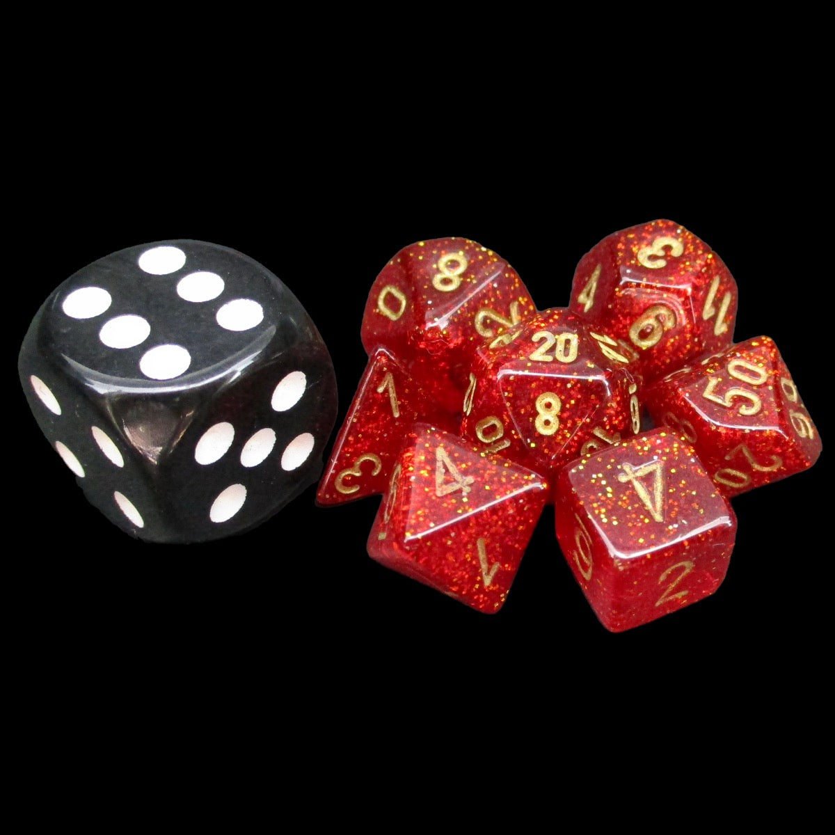 Chessex Glitter Ruby & Gold MINI-HEDRAL 7 Dice Polyset with Dice Cube