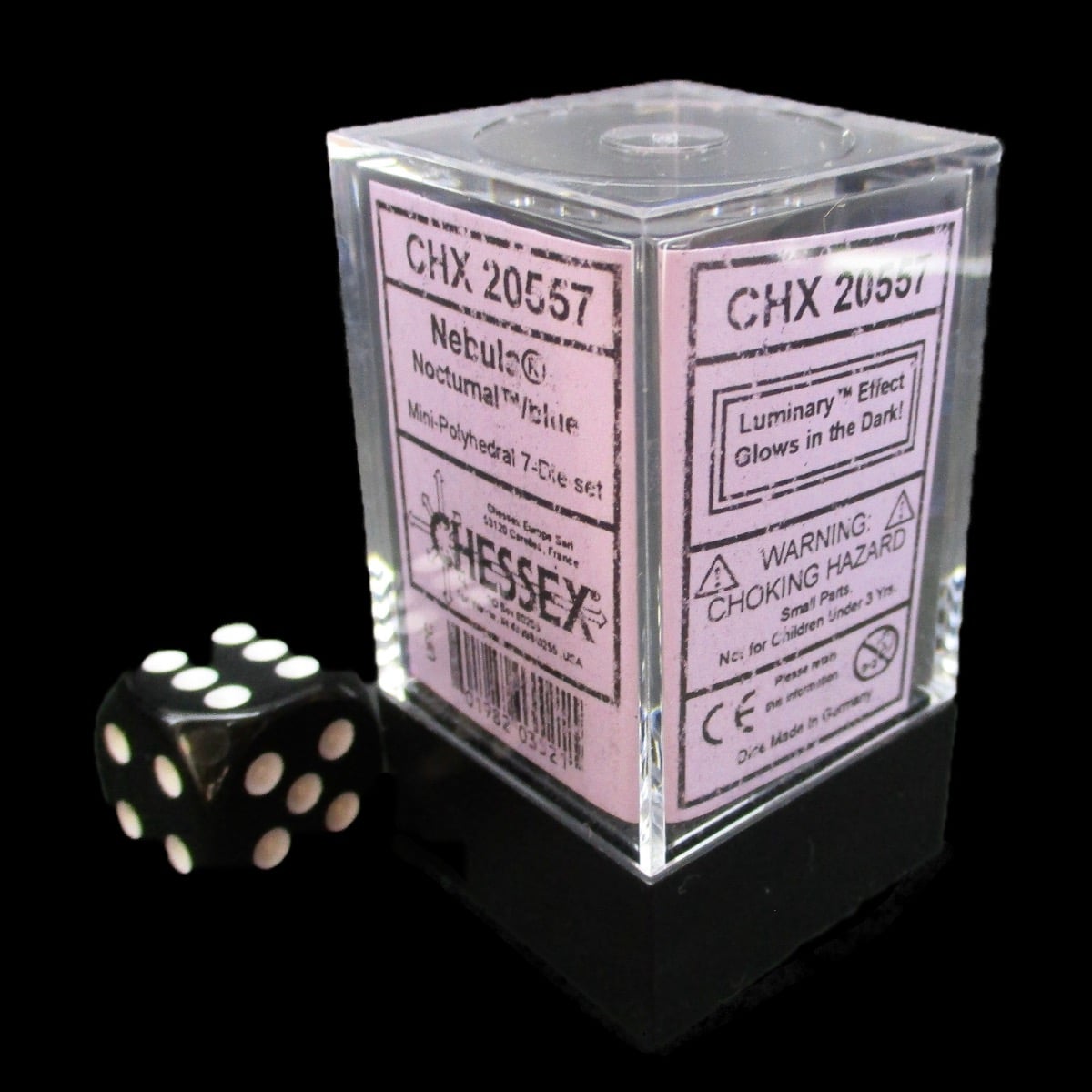 Chessex Nebula Nocturnal Luminary & Blue MINI-HEDRAL 7 Dice Polyset with Dice Cube