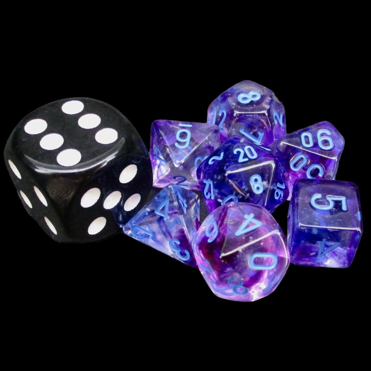 Chessex Nebula Nocturnal Luminary & Blue MINI-HEDRAL 7 Dice Polyset with Dice Cube