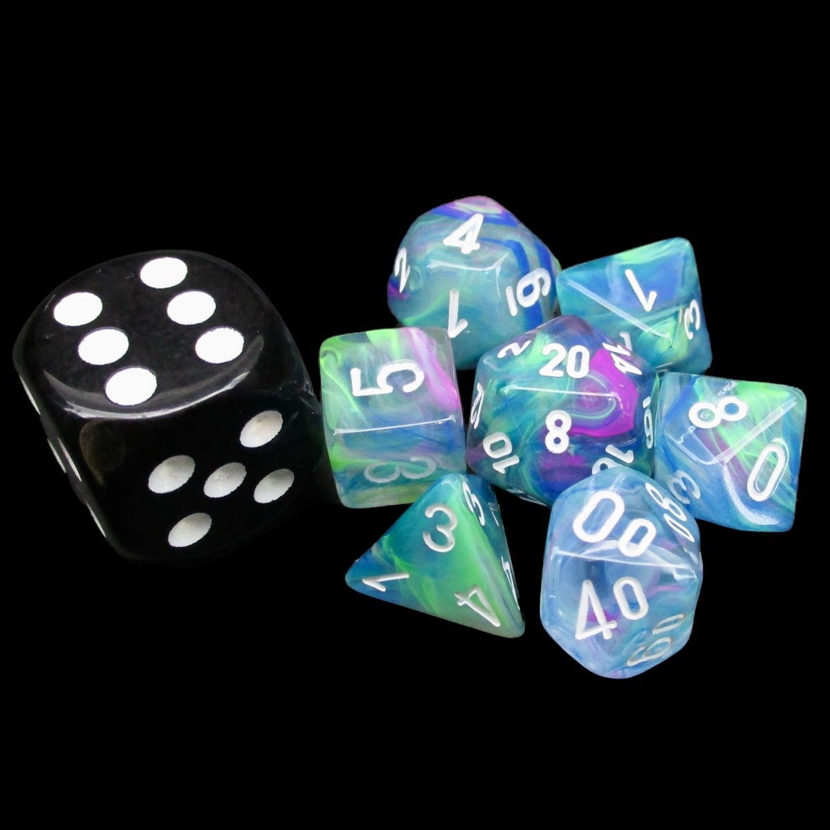 Chessex Festive Waterlily & White MINI-HEDRAL 7 Dice Polyset with Dice Cube