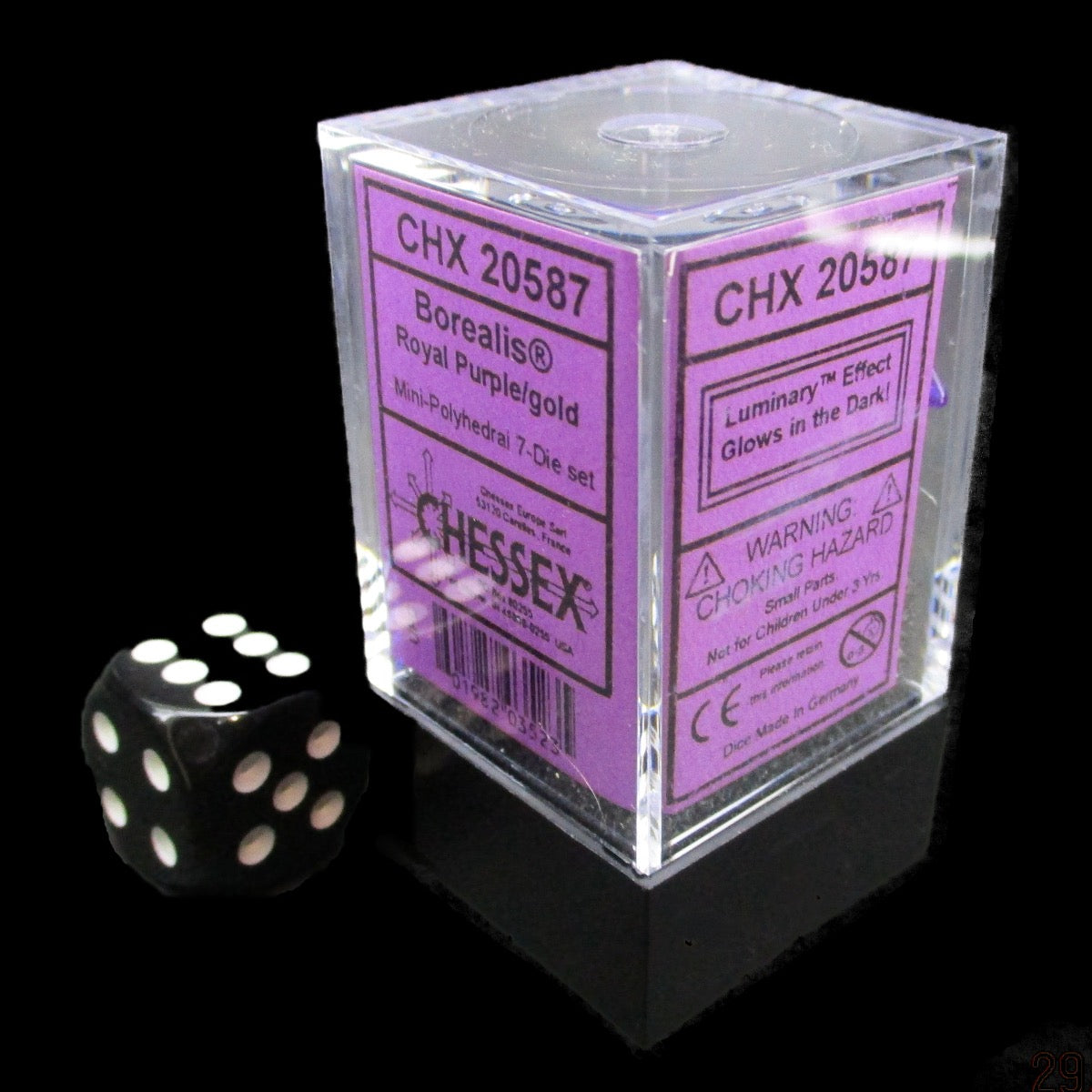 Chessex Borealis Royal Purple & Gold Luminary & Blue MINI-HEDRAL 7 Dice Polyset with Dice Cube