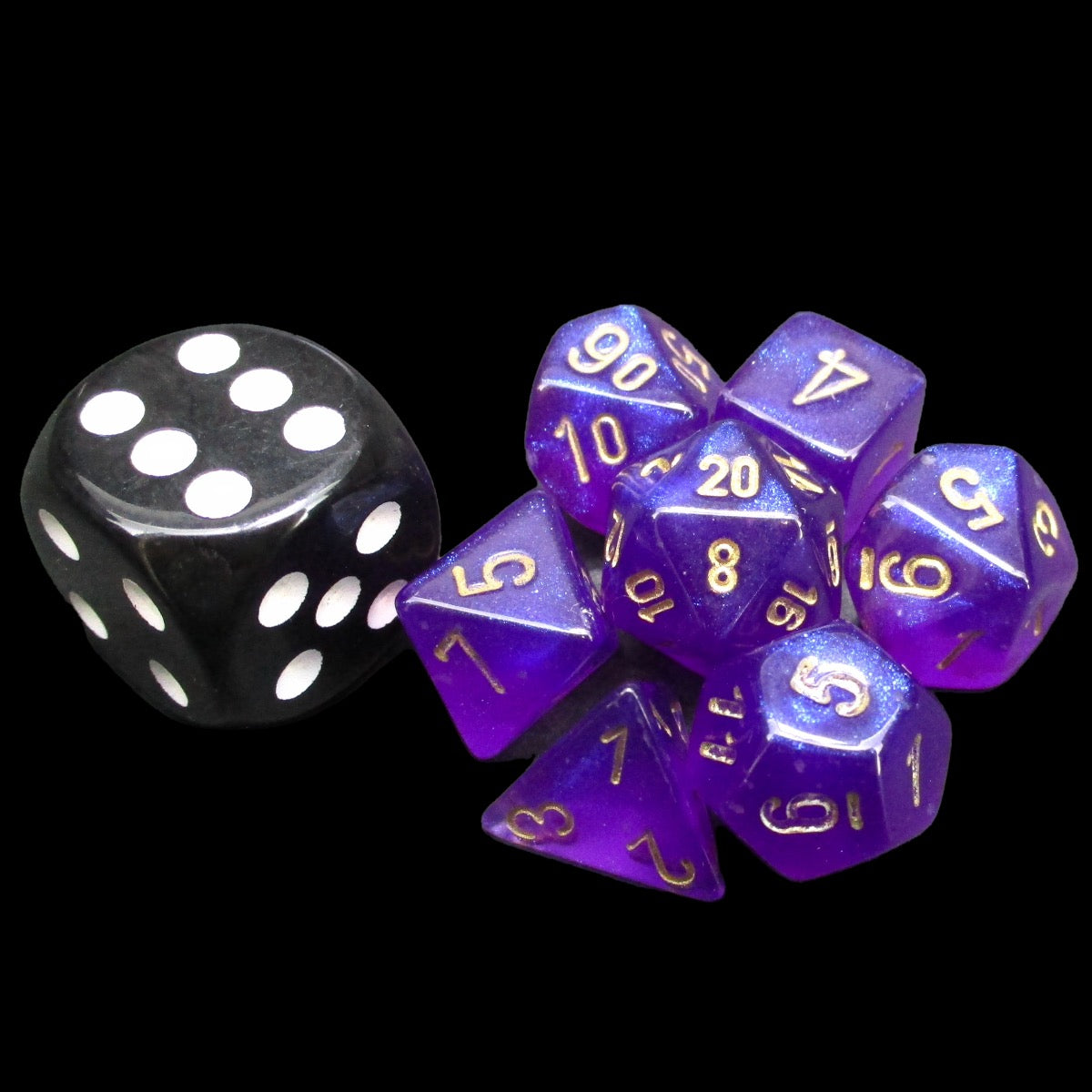 Chessex Borealis Royal Purple & Gold Luminary & Blue MINI-HEDRAL 7 Dice Polyset with Dice Cube
