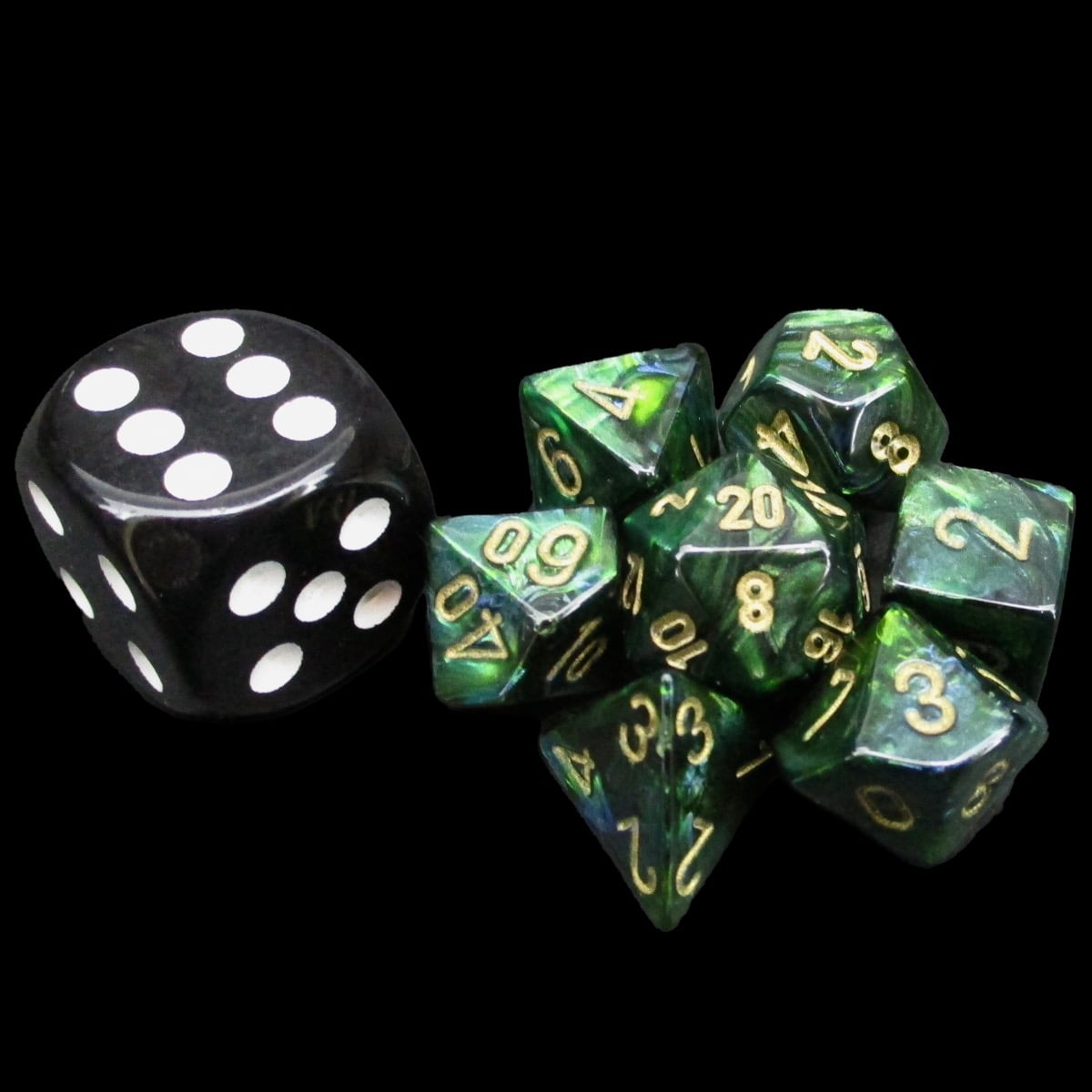 Chessex Scarab Jade & Gold MINI-HEDRAL 7 Dice Polyset with Dice Cube