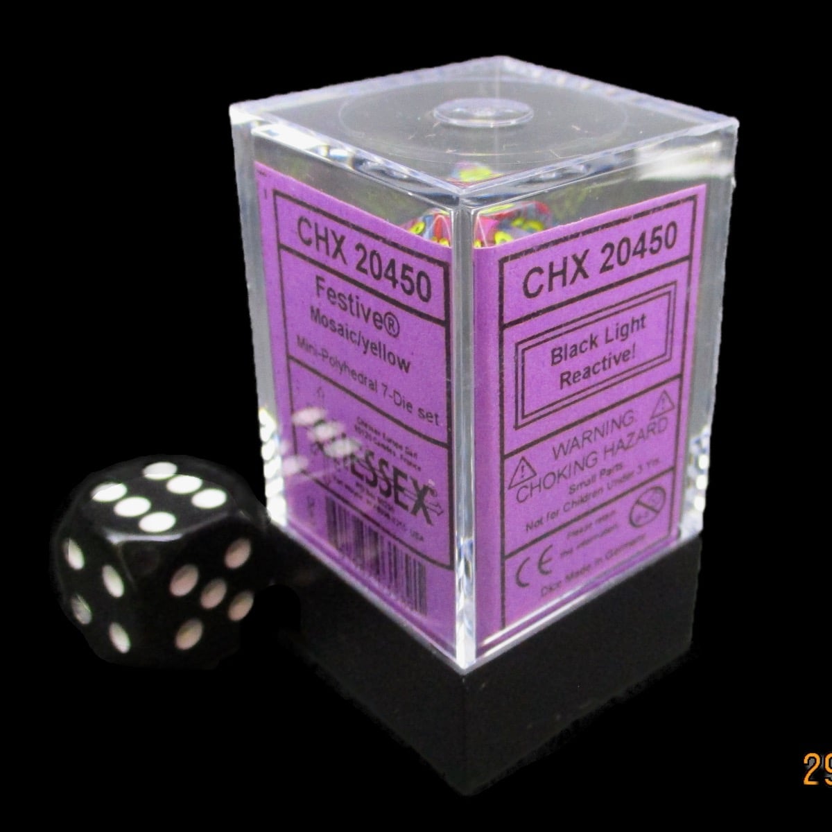 Chessex Festive Mosaic & Yellow MINI-HEDRAL 7 Dice Polyset with Dice Cube