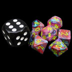 Chessex Festive Mosaic & Yellow MINI-HEDRAL 7 Dice Polyset with Dice Cube