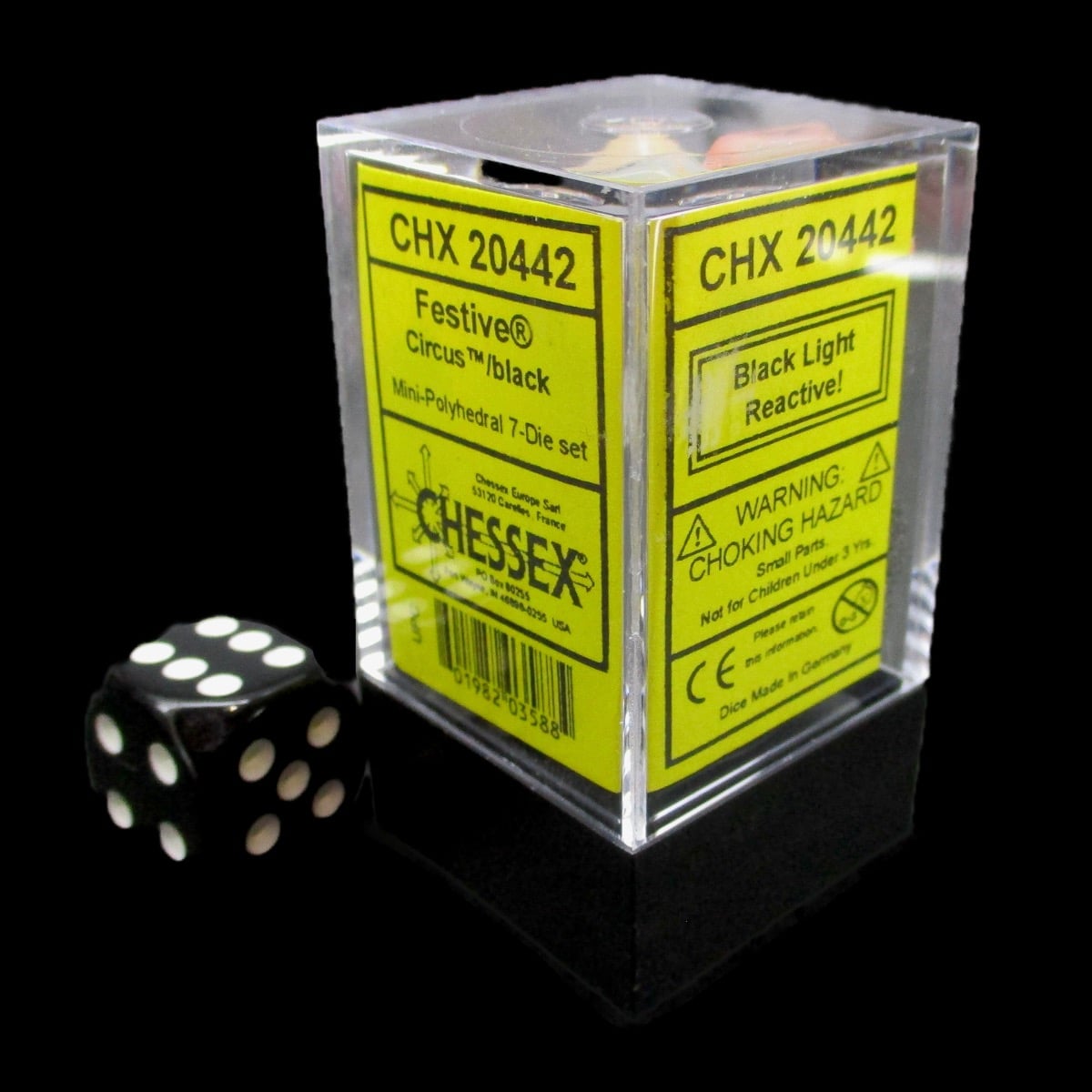 Chessex Festive Circus & Black MINI-HEDRAL 7 Dice Polyset with Dice Cube