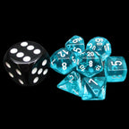 Chessex Translucent Teal & White MINI-HEDRAL 7 Dice Polyset with Dice Cube